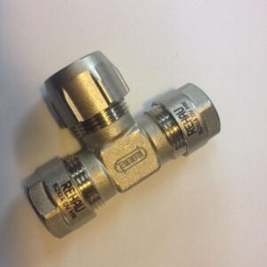 Rehau knel t-stuk voor Rehau buis 16 x 2,6 mm met aftakking naar 15mm.