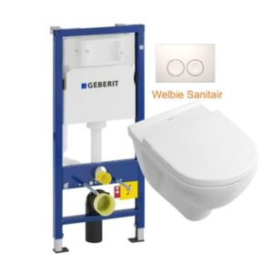 Wandcloset actieset Geberit Duofix reservoir U100 , Villeroy & Boch wandcloset met softclose closetzitting, wit