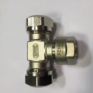 Knel t-stuk 15mm met aftakking voor Rehau buis 16 x 2,2 mm