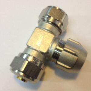 Rehau t-stuk voor Rehau buis 16 x 2,2 mm met aftakking naar 15mm.